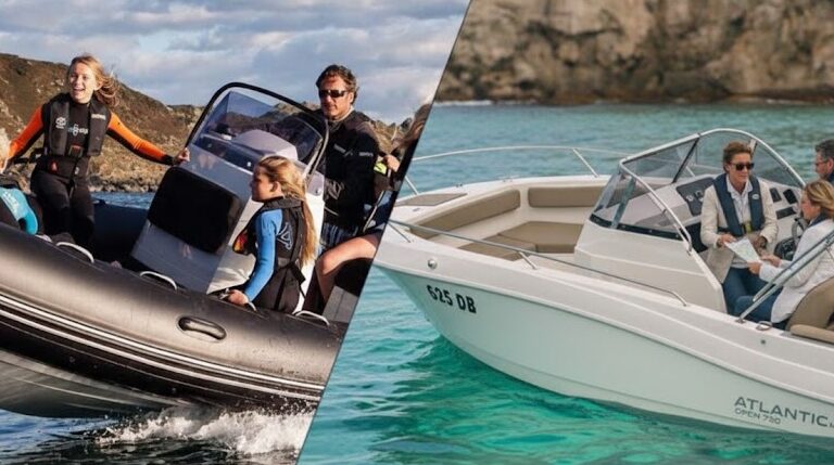 Una comparazione visiva tra barca o gommone a noleggio ad Alghero con Ares Turismo: a sinistra un gommone agile per sportivi, a destra una barca spaziosa ideale per famiglie.