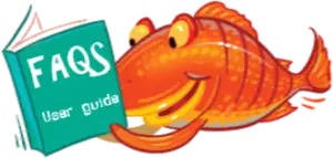 Illustrazione di un pesce arancione che legge una guida FAQ per il noleggio barche senza patente ad Alghero.