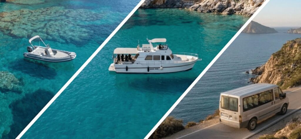 Collage grafico a tre strisce diagonali di Ares Turismo Alghero. In alto: escursione guidata con la barca ammiraglia Ares a Capo Caccia. Al centro: noleggio gommone senza patente nel Golfo di Alghero. In basso: tour in van panoramico con degustazione di prodotti sardi e vista nuraghe.