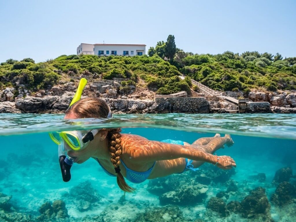 Esperienza di snorkeling durante un'escursione in barca ad Alghero, nelle acque cristalline sotto la scogliera di Capo Galera.