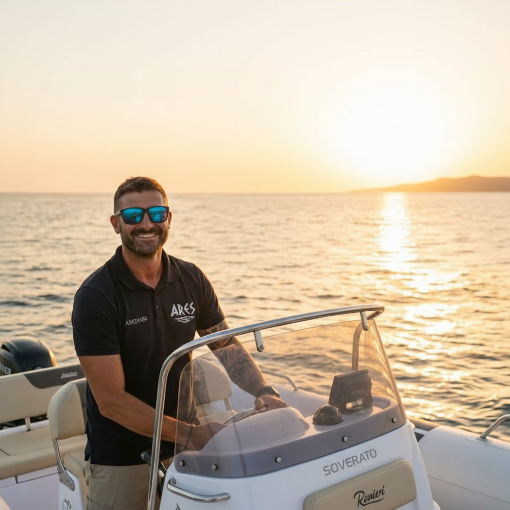 Uno skipper professionista di Ares Turismo al timone di una barca Ranieri Soverato durante un'escursione privata al tramonto ad