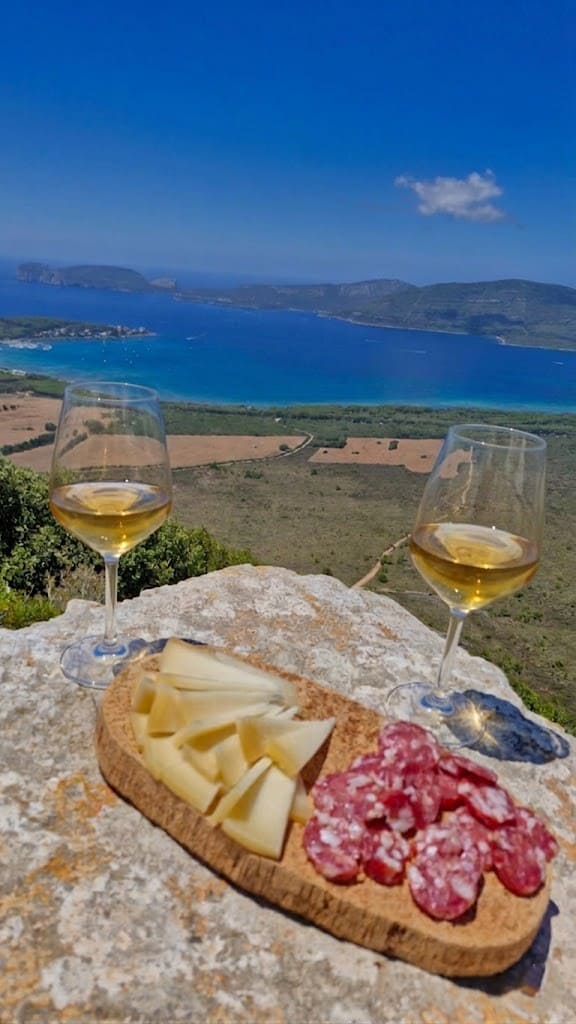 Aperitivo con vino bianco e prodotti tipici sardi su una scogliera panoramica con vista su Porto Conte durante un tour in van ad Alghero.
