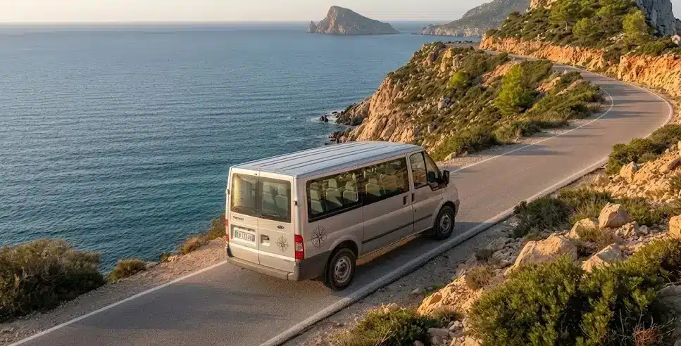 Un van grigio percorre una strada panoramica costiera ad Alghero, con vista sulle scogliere di Porto Conte e il mare blu all'orizzonte sotto una luce calda.